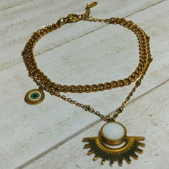 Evil Eye Bracelet Brass toned with Charms - Picture 2 of 5